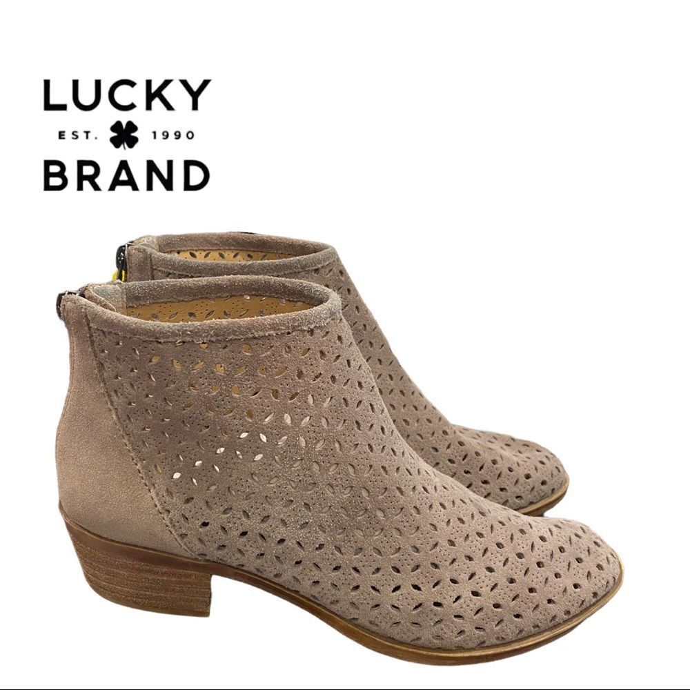 Lucky Brand Women's Taupe Tan Perforated Suede Leather Ankle Boots Booties 8